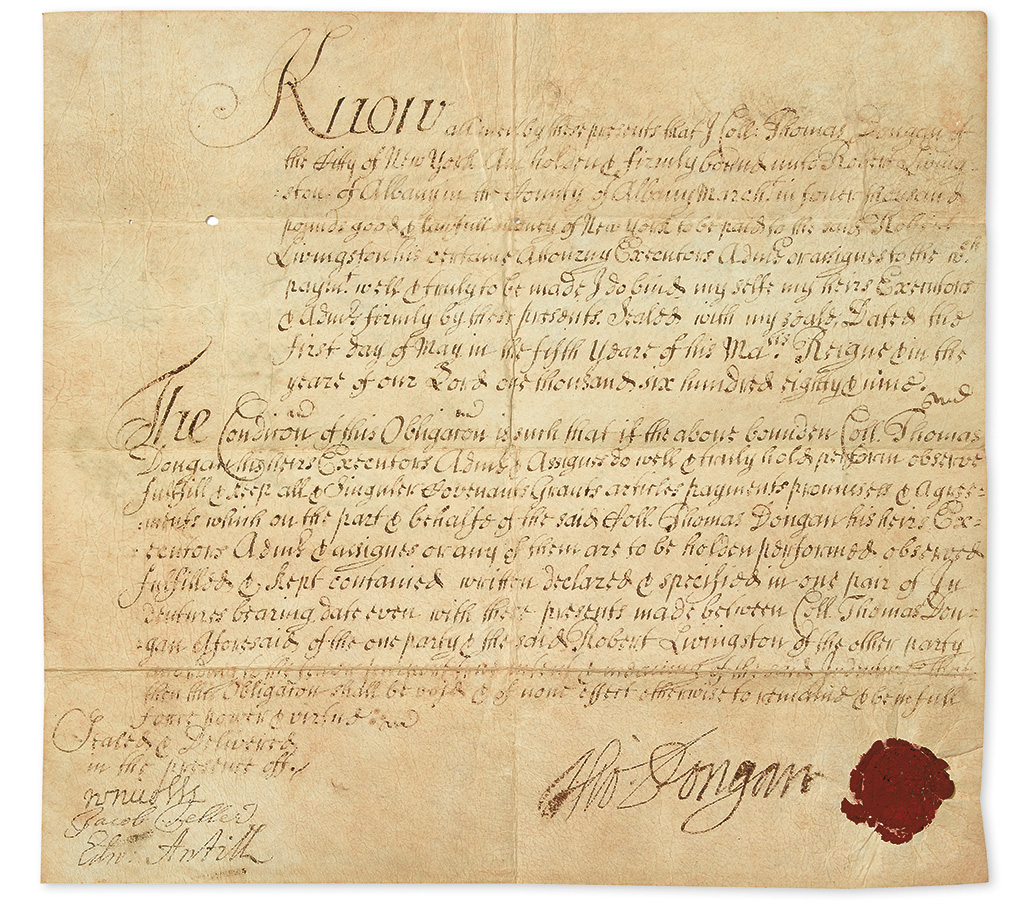 Appraisal: FORMER COLONIAL GOVERNOR OF NEW YORK DONGAN THOMAS Vellum Document