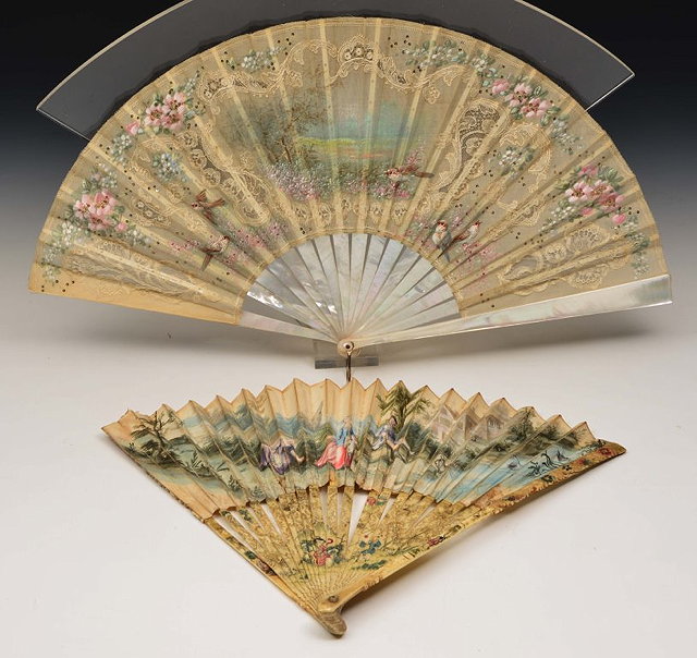 Appraisal: A FRENCH MOTHER OF PEARL AND SILK FAN with painted