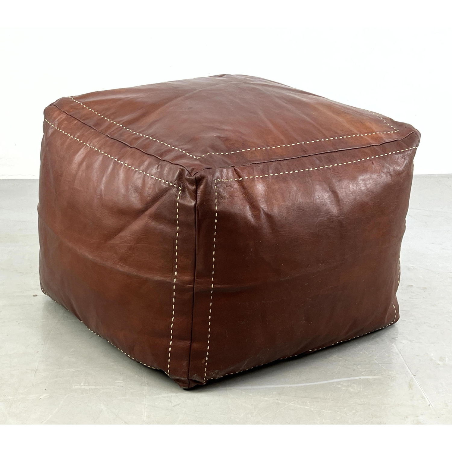 Appraisal: African Leather Square Pouf Ottoman Stool Brown with visible contrasting