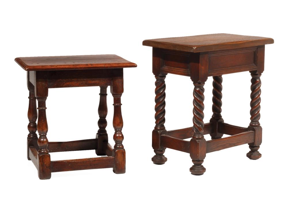 Appraisal: Two Jacobean-Style Oak and Mixed Woods Joint Stools late th