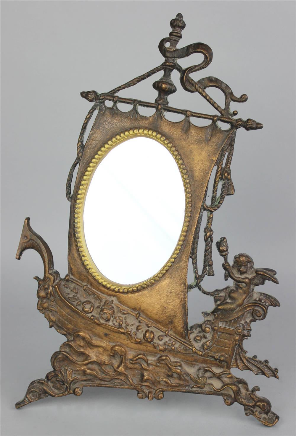 Appraisal: CONTINENTAL CAST BRONZE DIMINUTIVE FIGURAL DRESSING MIRROR WITH EASEL SUPPORT