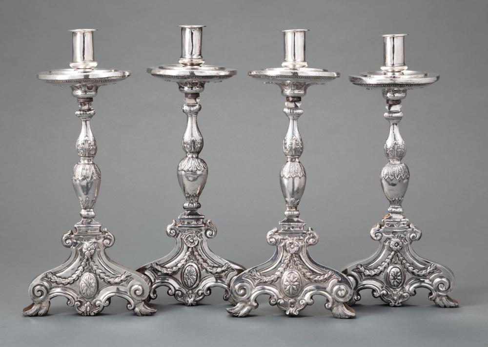 Appraisal: Four Spanish Colonial Silver Candlesticks marked marks partially legible MARTIN