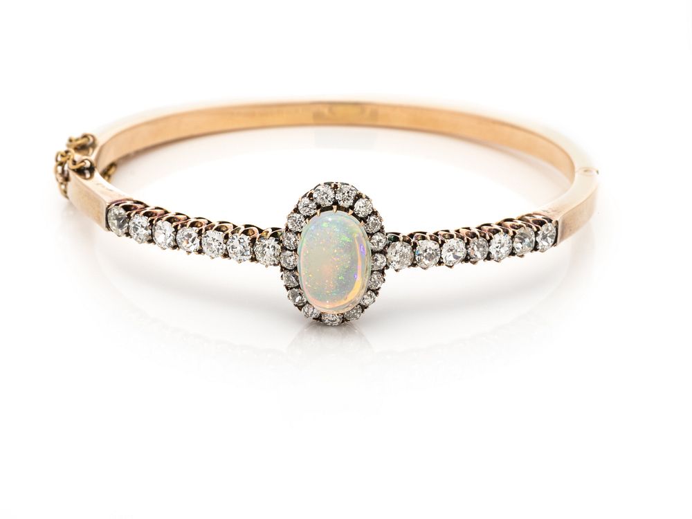 Appraisal: OPAL AND DIAMOND BANGLE BRACELET OPAL AND DIAMOND BANGLE BRACELET