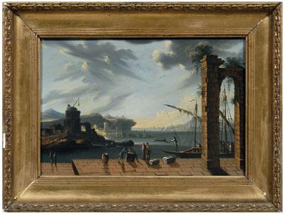 Appraisal: Italian School capriccio painting harbor with figures ships ruins fortresses