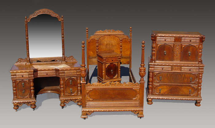 Appraisal: EARLY TH C CARVED OAK AND WALNUT BEDROOM SET pieces