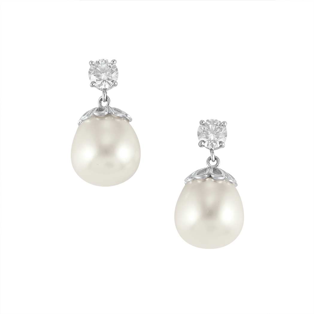 Appraisal: Pair of Diamond and Cultured Pearl Earrings Platinum round diamonds