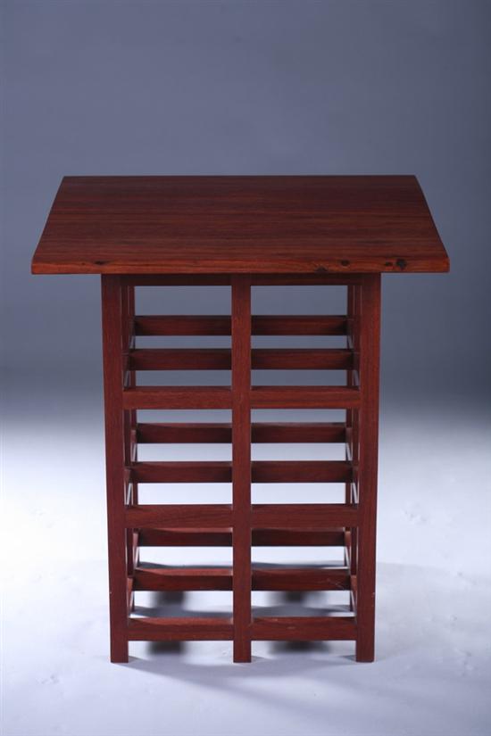 Appraisal: CONTEMPORARY ROSEWOOD GRID-FORM PEDESTAL SIDE TABLE th century Square top