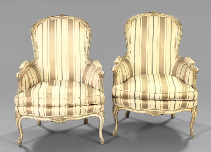 Appraisal: Pair of French Carved and Polychromed Tall-Back Bergeres in the