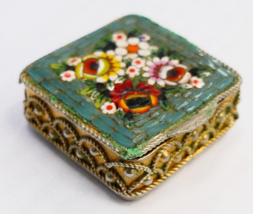 Appraisal: VINTAGE ITALIAN GOLD PLATE MICRO MOSAIC PILL BOX Vintage Italian