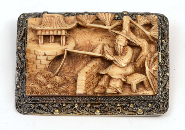 Appraisal: A CHINESE FILLIGR E SILVER BROOCH inset carved ivory panel