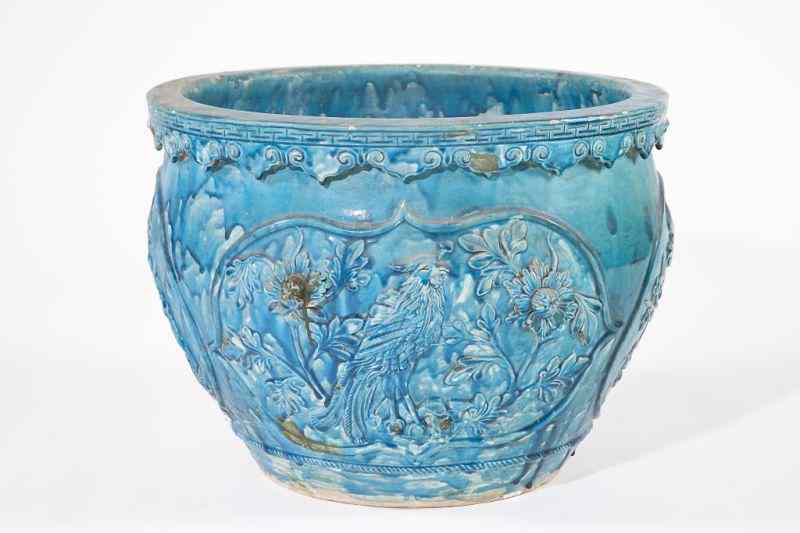 Appraisal: Chinese Porcelain Jardiniereturquoise glaze fret scrolled rim bird and flower