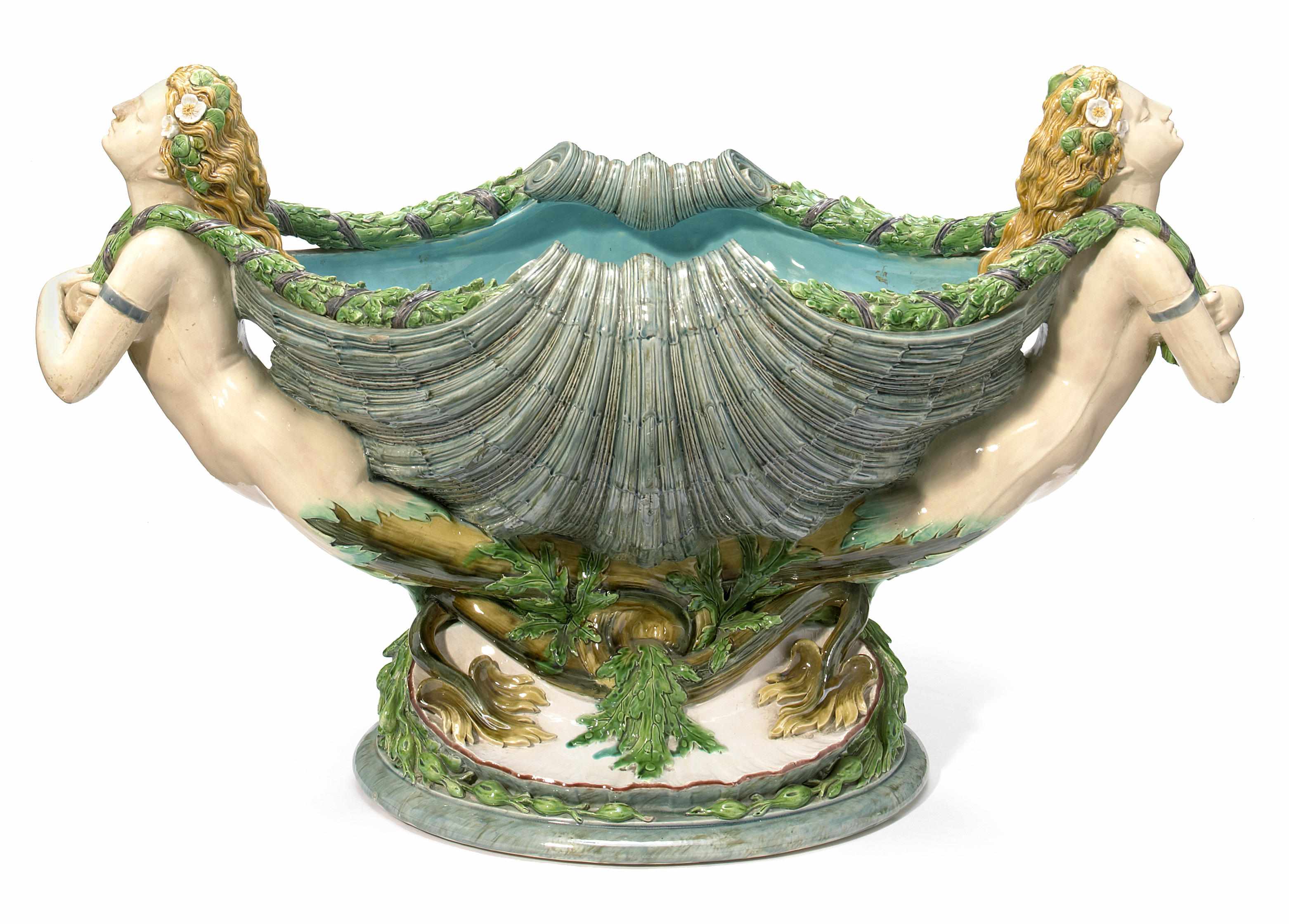 Appraisal: A monumental Minton majolica cistern Mermaids with Shell circa Modeled