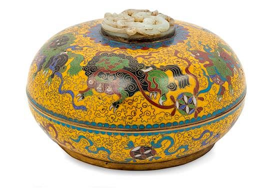 Appraisal: A Celadon Jade Inset Cloisonne Enamel Circular Covered Box Diameter