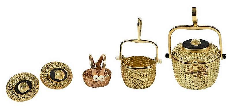 Appraisal: Four Pieces Gold Nantucket Jewelry pendant large basket with clamshell