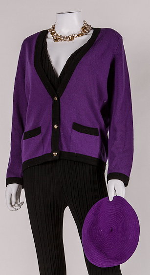 Appraisal: A purple cashmere Chanel cardigan with black trim gold coloured