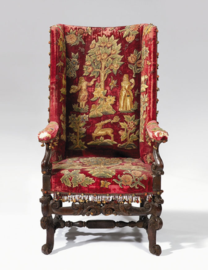 Appraisal: Charles II walnut or beech wing armchair circa Upholstered in