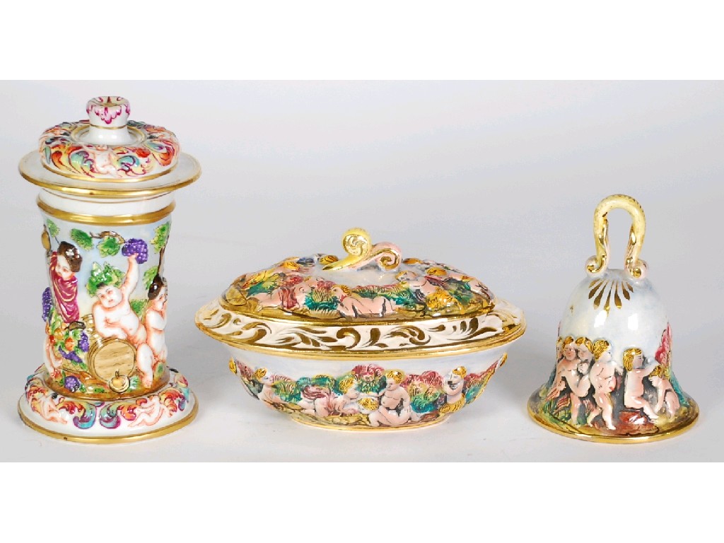 Appraisal: THREE PIECES OF CAPO DI MONTE POTTERY EMBOSSED WITH CHERUBS