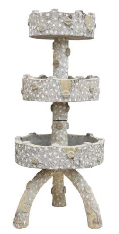 Appraisal: CAST CONCRETE FAUX BOIS THREE-TIER GARDEN PLANTERCast concrete faux bois