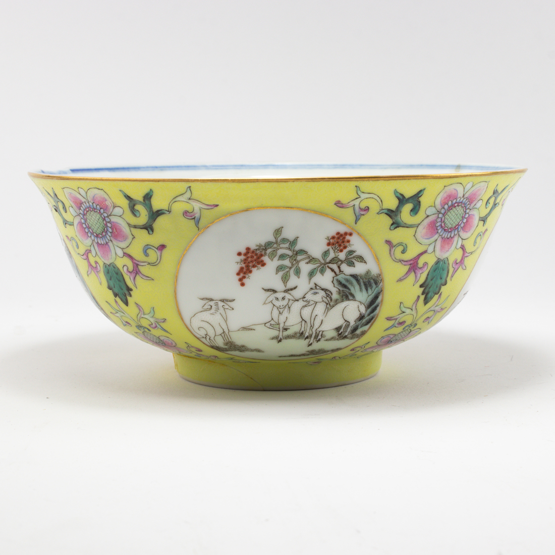 Appraisal: CHINESE FAMILLE ROSE THREE RAMS MEDALLION BOWL Chinese famille rose