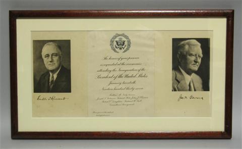 Appraisal: FRANKLIN D ROOSEVELT INVITATION TO INAUGURATION Framed invitation to the