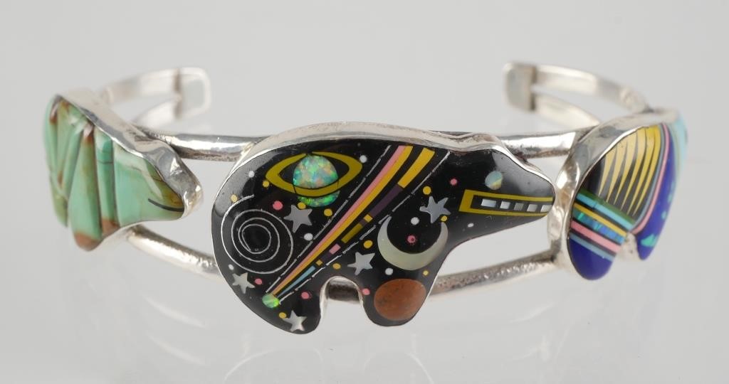 Appraisal: Native American style cuff bracelet with three bears and inlay