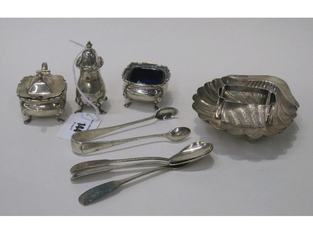 Appraisal: Lot comprising silver condiment set small shaped dish tongs spoons