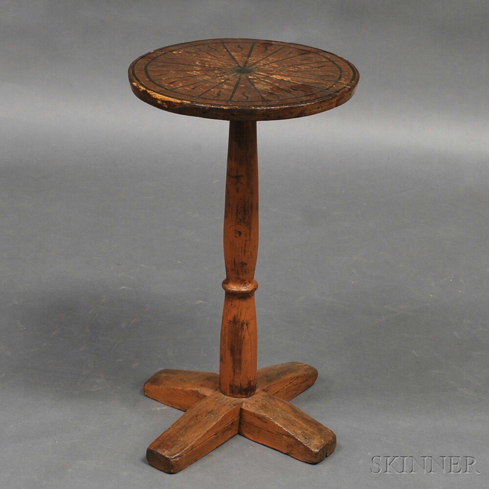 Appraisal: Paint-decorated X-base Candlestand America th century the circular top decorated