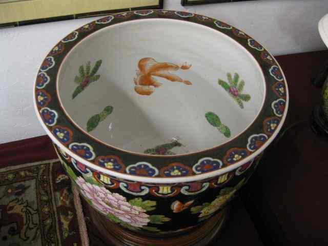 Appraisal: Oriental Porcelain Fishbowl jardiniere style '' wooden base excellent