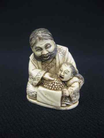 Appraisal: Carved Ivory Netsuke of Old Man Child fancy polychrome signed