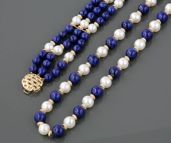 Appraisal: A lapis lazuli cultured pearl and k gold bracelet and