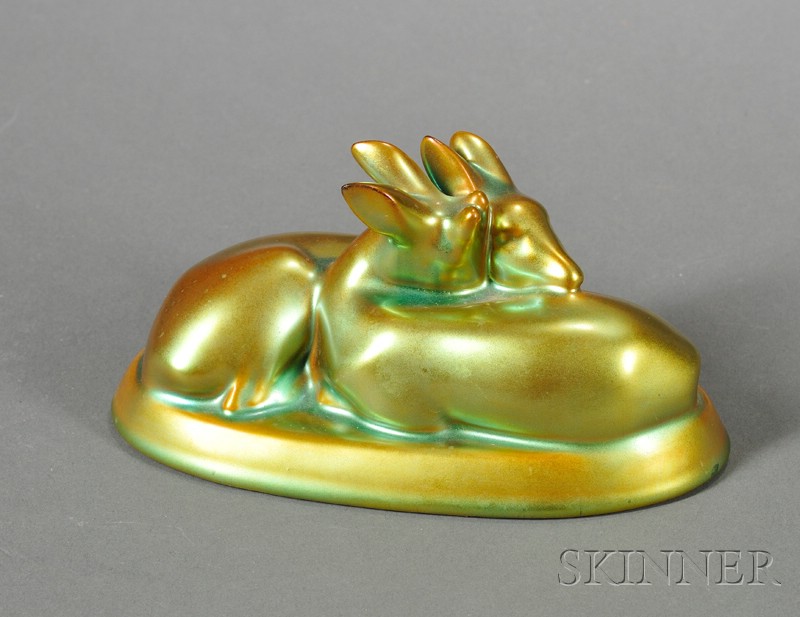 Appraisal: Zsolnay Green Eosin Figure of Two Recumbent Deer Hungary th