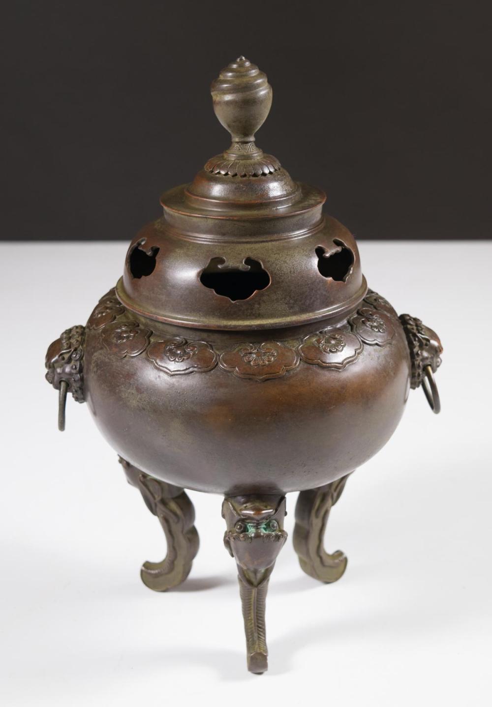 Appraisal: CHINESE BRONZE LIDDED CENSER the body of circular form of