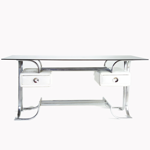 Appraisal: ITALIAN Two-drawer desk with smokey glass top on a polished