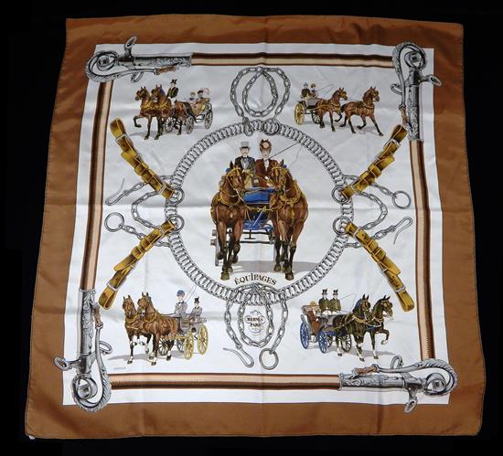 Appraisal: Hermes 'Equipages' silk scarf by Ledoux with a caramel colored