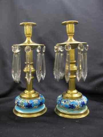 Appraisal: Longwy French Pottery Candlesticks withbrass column decor and cut crystal