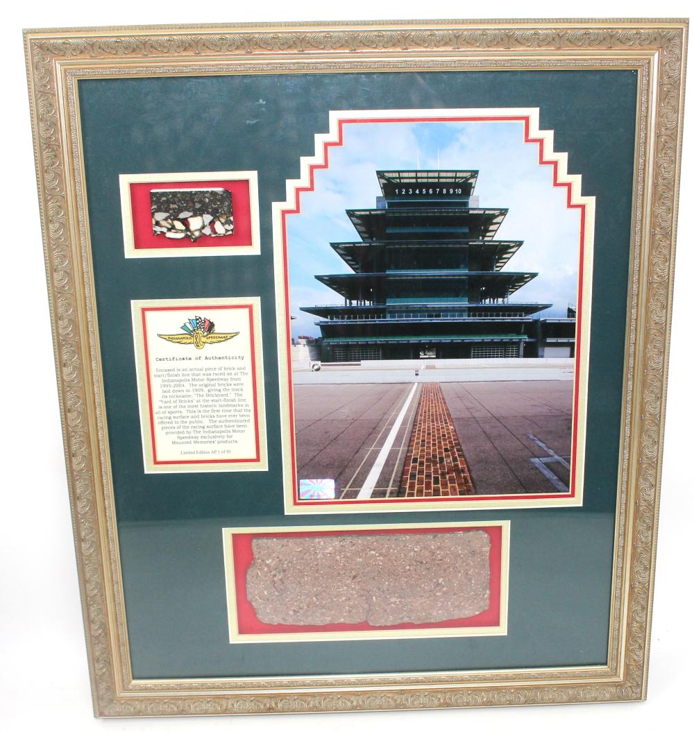 Appraisal: FRAMED INDIANAPOLIS MOTOR SPEEDWAY PIECE OF BRICK AP OF Framed