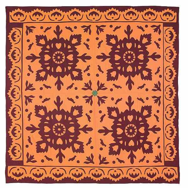 Appraisal: Pennsylvania Moravian pumpkin and brown reverse appliqu quilt ca with