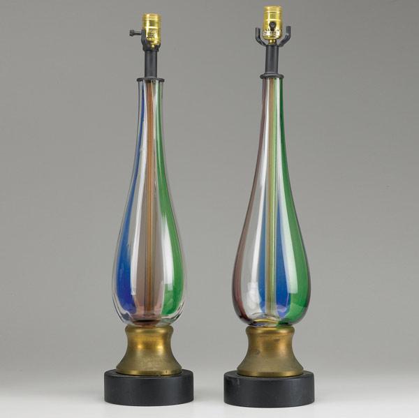 Appraisal: VENINI Attr GLASS LAMPS Cylindrical pair with panels of blue