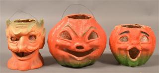 Appraisal: Three Halloween Paper Mache Lanterns Jack-o-lanterns devil head Tallest h