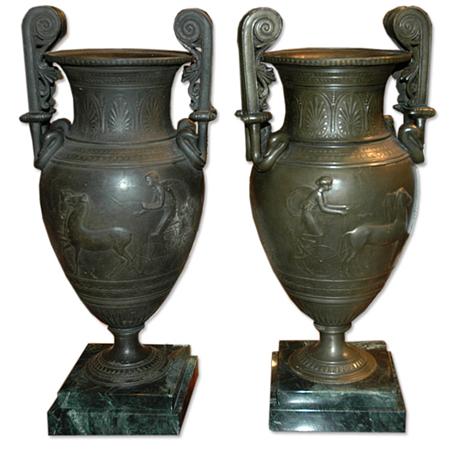 Appraisal: Pair of Neoclassical Style Patinated-Metal Urns Estimate nbsp nbsp nbsp