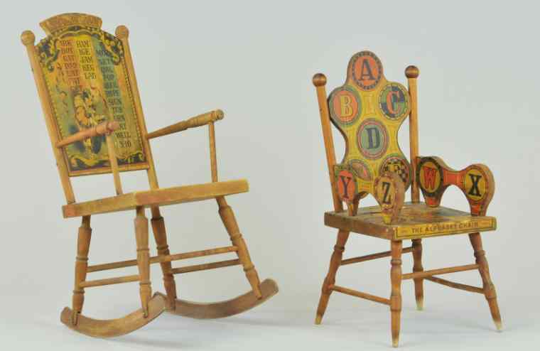 Appraisal: REED SPELLING AND ALPHABET CHAIRS Charming early wooden rocking chairs