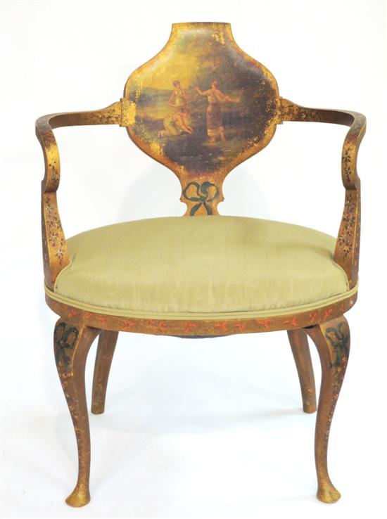 Appraisal: French-style open arm chair with painted decoration three maidens by