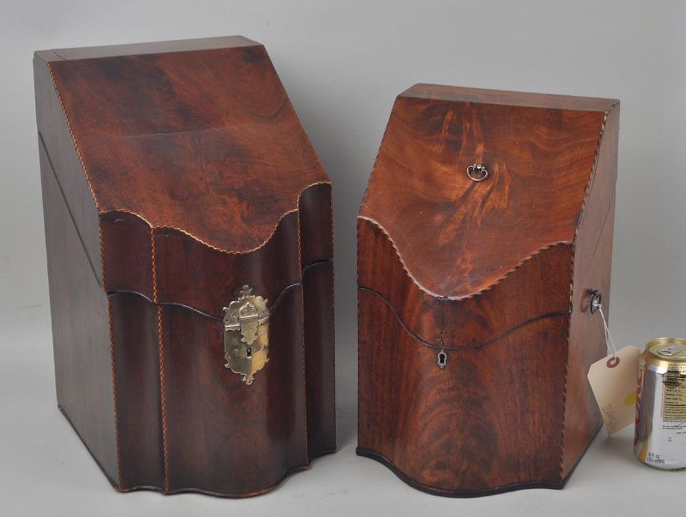 Appraisal: Two George III Serpentine Mahogany Cutlery Boxes one with checkered