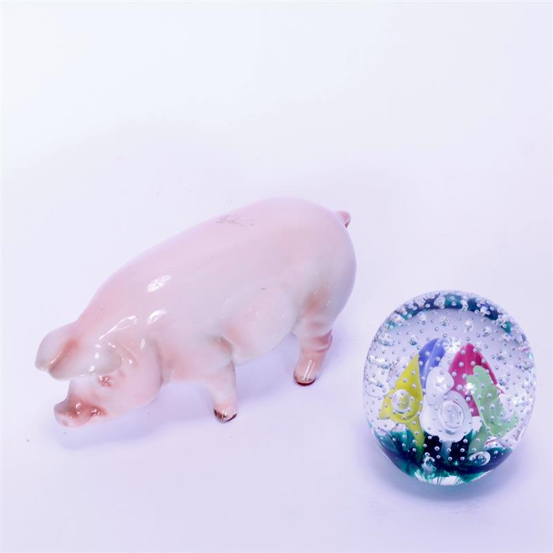 Appraisal: Goebel Porcelain Pig Joe St Clair Floral Glass Paperweight long