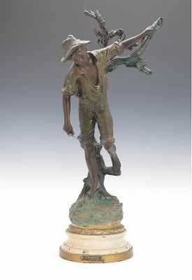 Appraisal: Pecheur after Rousseau Spelter sculpture with applied verdigris patina attached