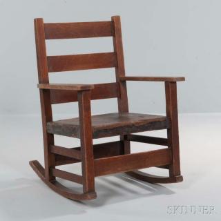 Appraisal: Gustav Stickley Arts and Crafts Child's Rocking Chair Oak leather