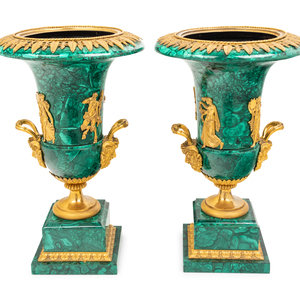 Appraisal: A Pair of Gilt Bronze Mounted Malachite Urns th Century