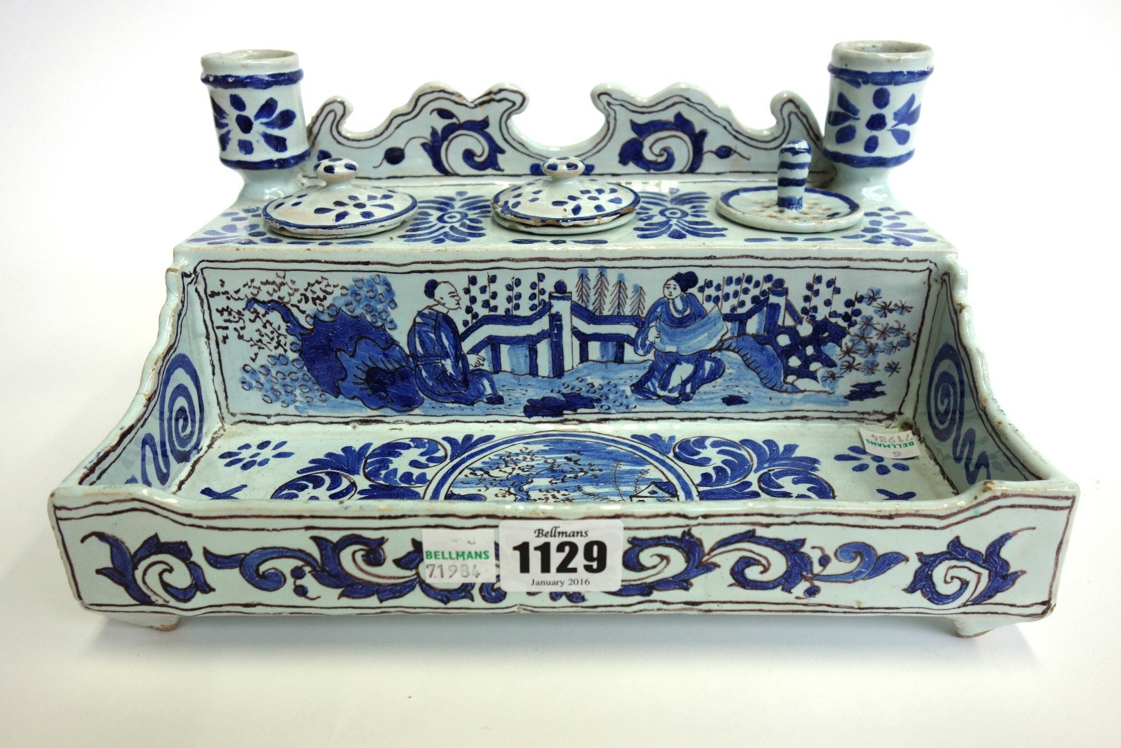 Appraisal: A French faience blue and white desk stand th century