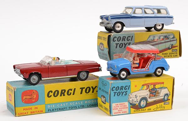 Appraisal: THREE CORGI CARS INCLUDING GHIA-FIAT JOLLY CHRYSLER IMPERIAL AND FORD