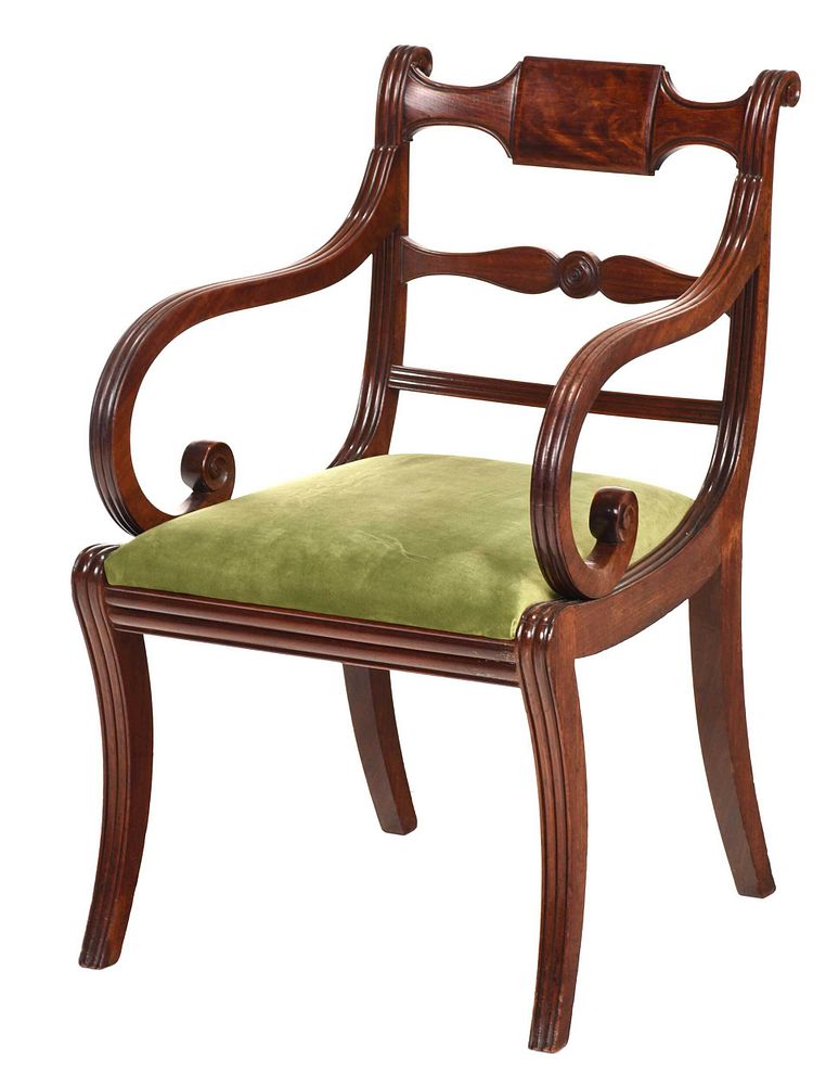 Appraisal: Classical Carved Figured Mahogany Open Armchair attributed to Massachusetts circa